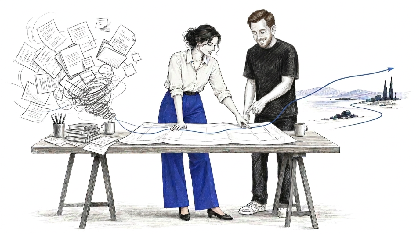 Pencil drawing of Karsten advising a leader at a table over a one page strategy
