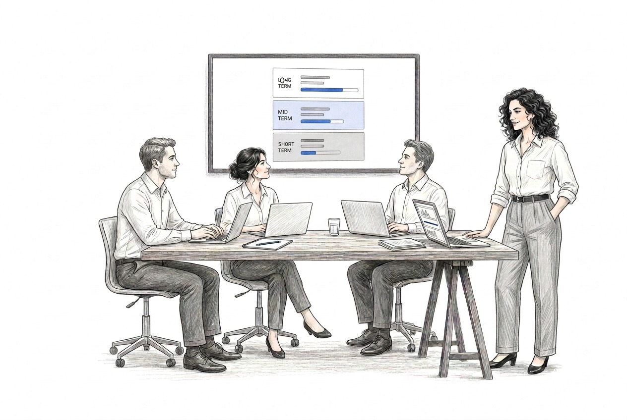 A management team working with shared focus on one page